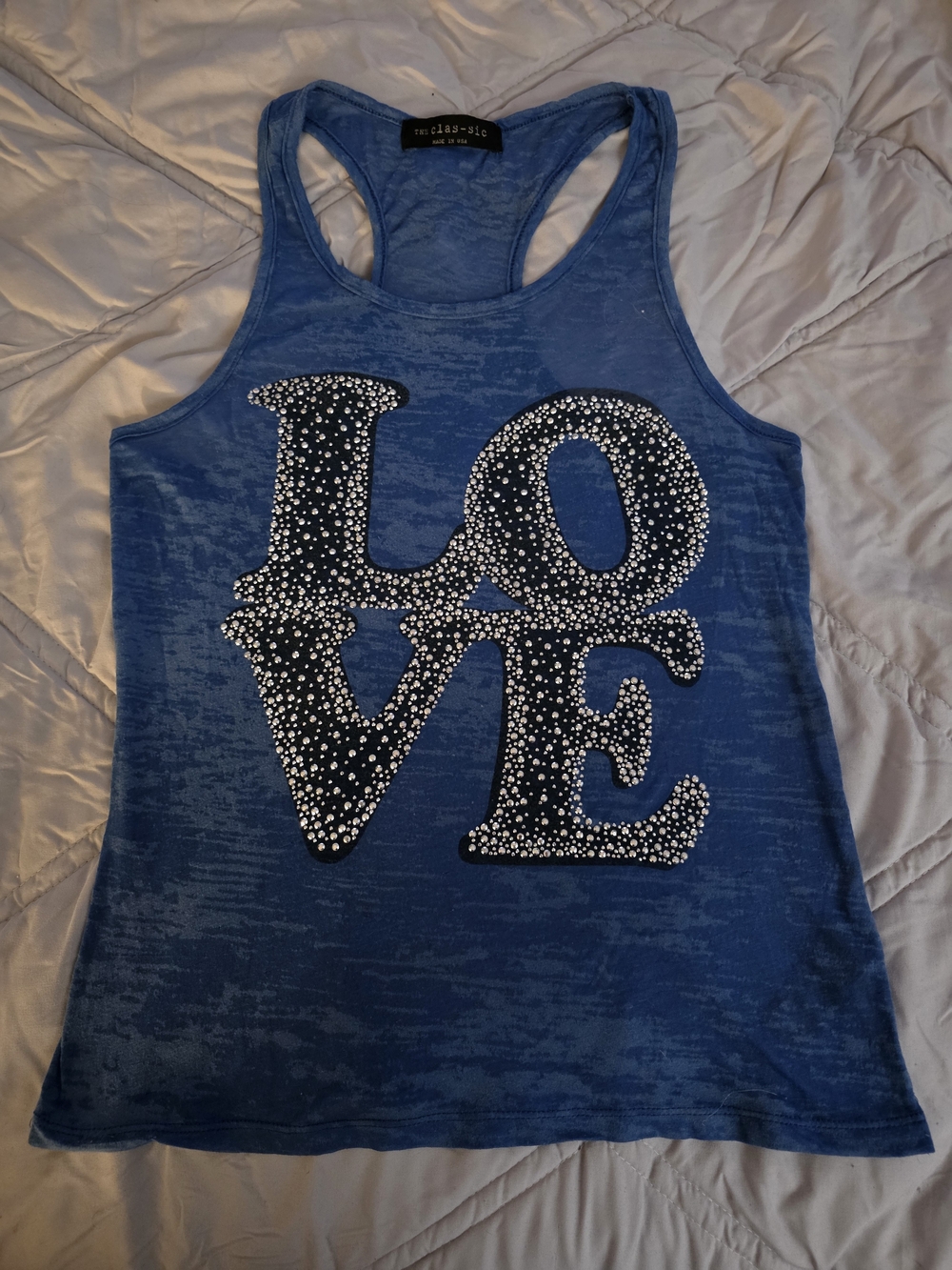 Burnout Blue Racerback Tank Top with 'LOVE' Rhinestone Design - Picture 4 of 4